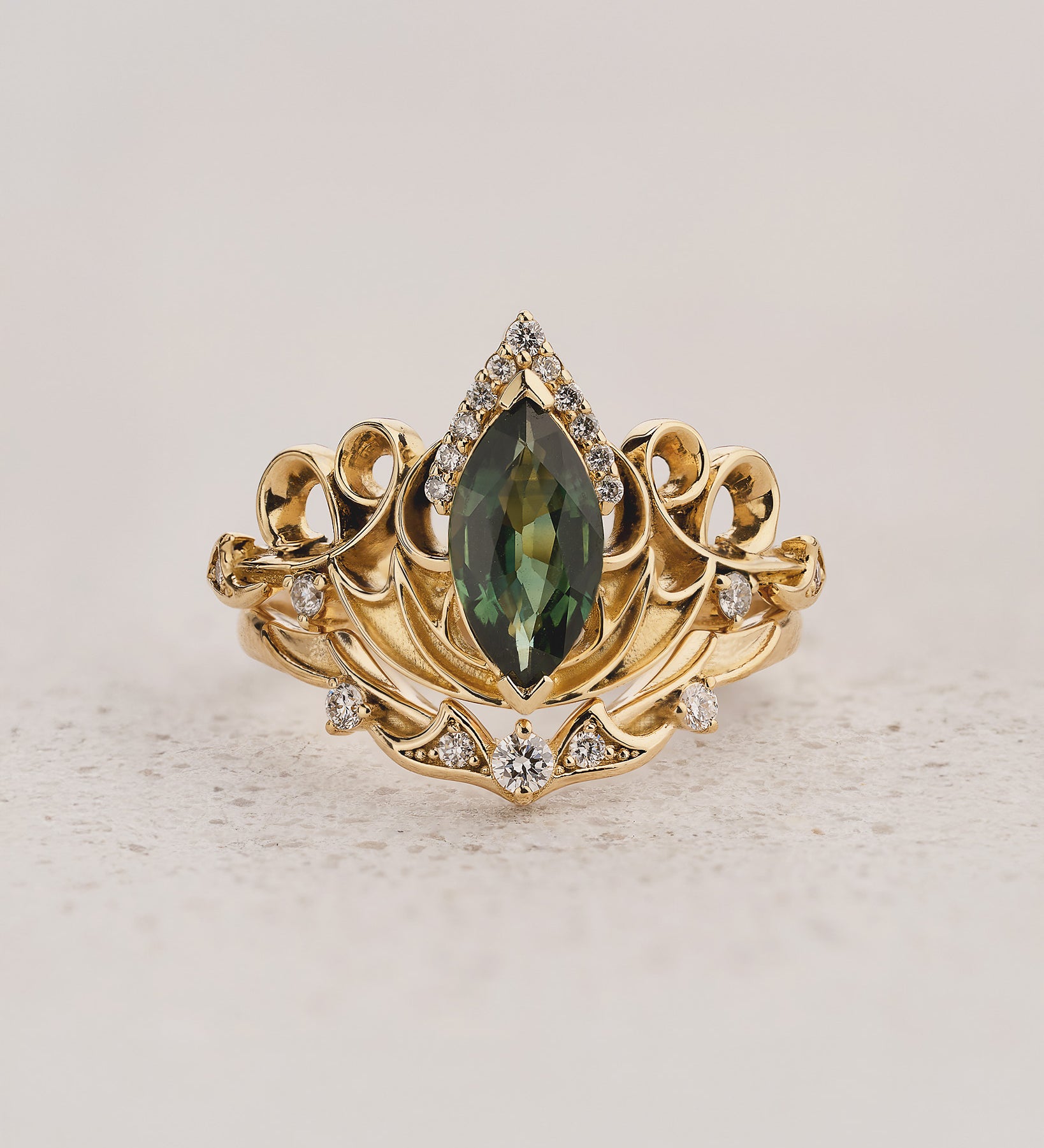 Dragon Inspired Ring Set With Green Marquise Sapphire / Draco - Eden Garden Jewelry™