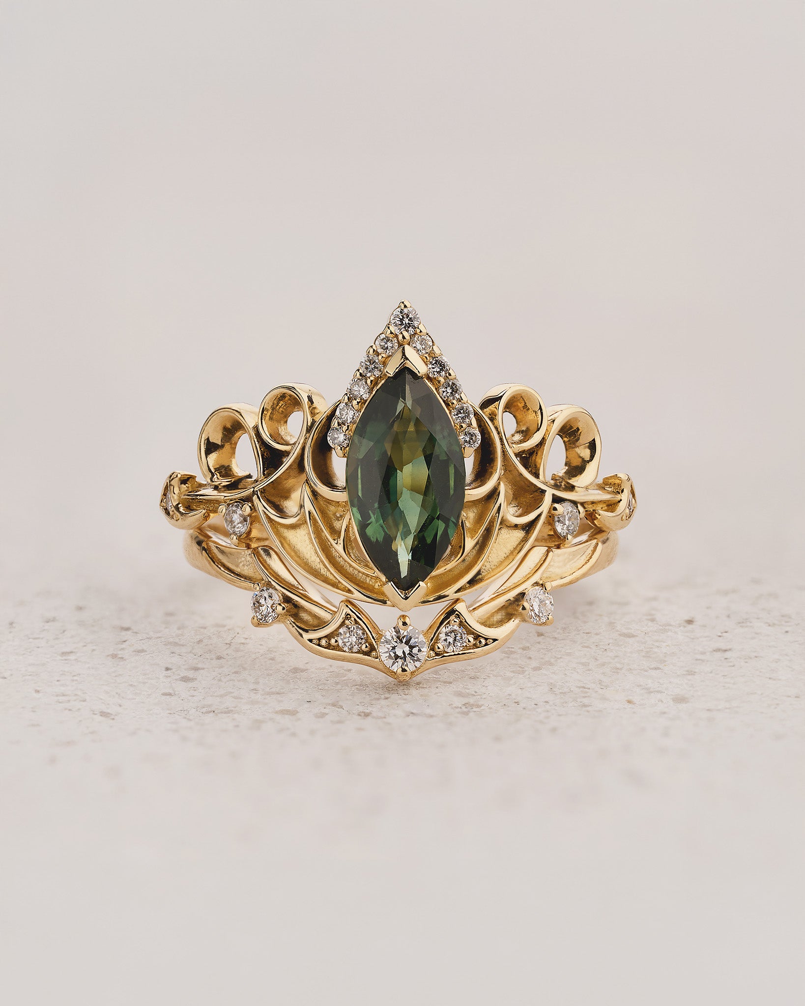 Dragon Inspired Ring Set With Green Marquise Sapphire / Draco - Eden Garden Jewelry™