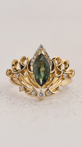 Dragon Inspired Ring Set With Green Marquise Sapphire / Draco - Eden Garden Jewelry™