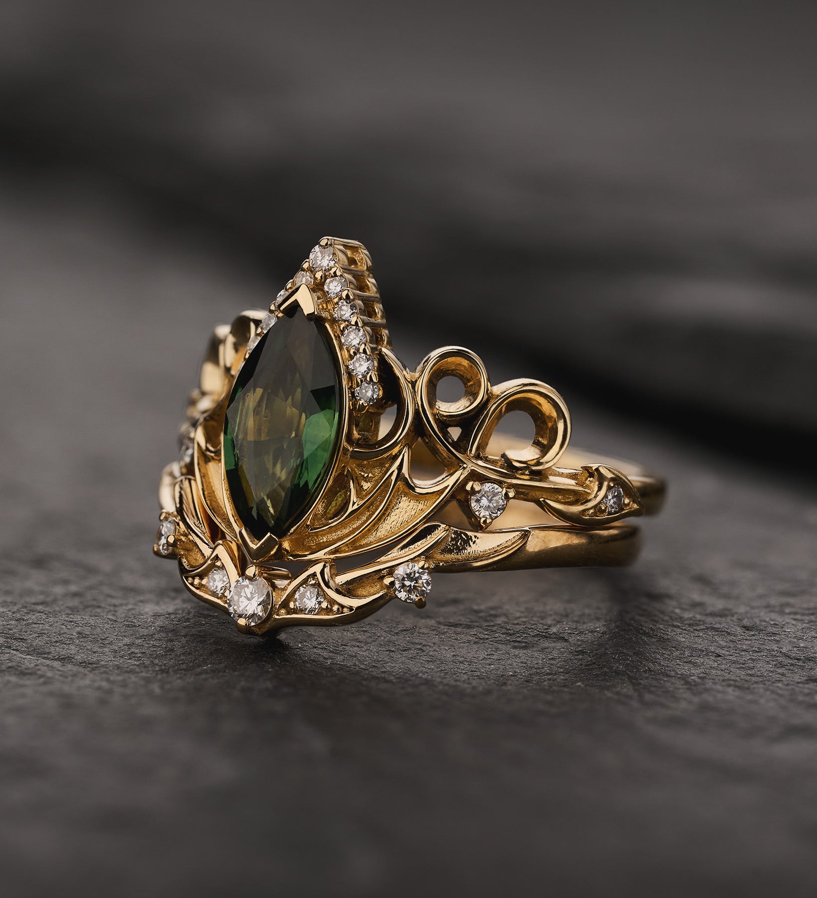 Dragon Inspired Ring Set With Green Marquise Sapphire / Draco - Eden Garden Jewelry™