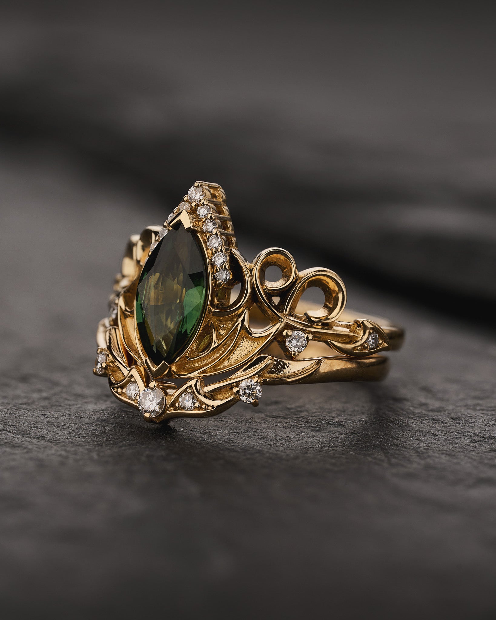 Dragon Inspired Ring Set With Green Marquise Sapphire / Draco - Eden Garden Jewelry™