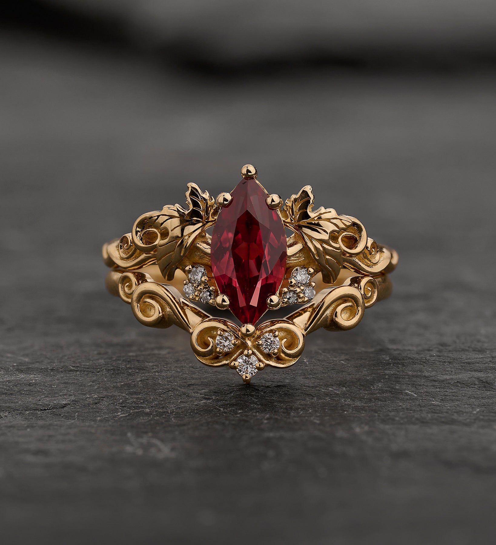 Bridal Set with Marquise Orange Padparadscha Sapphire (Lab-Grown) in Nature Style / Vineyard - Eden Garden Jewelry™