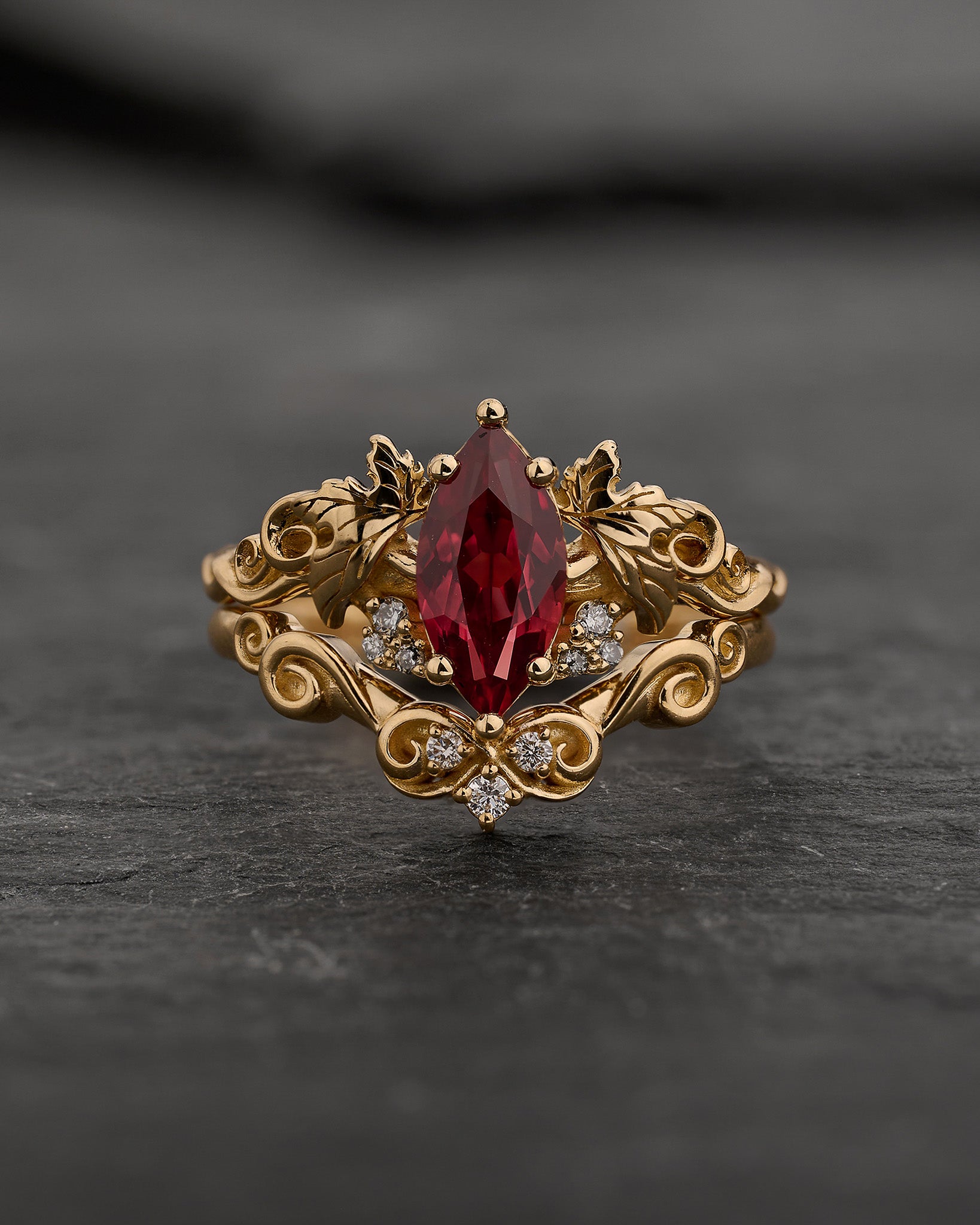 Bridal Set with Marquise Orange Padparadscha Sapphire (Lab-Grown) in Nature Style / Vineyard - Eden Garden Jewelry™