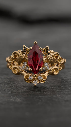 Bridal Set with Marquise Orange Padparadscha Sapphire (Lab-Grown) in Nature Style / Vineyard - Eden Garden Jewelry™