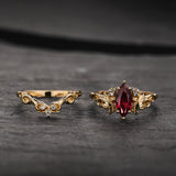 Bridal Set with Marquise Orange Padparadscha Sapphire (Lab-Grown) in Nature Style / Vineyard - Eden Garden Jewelry™