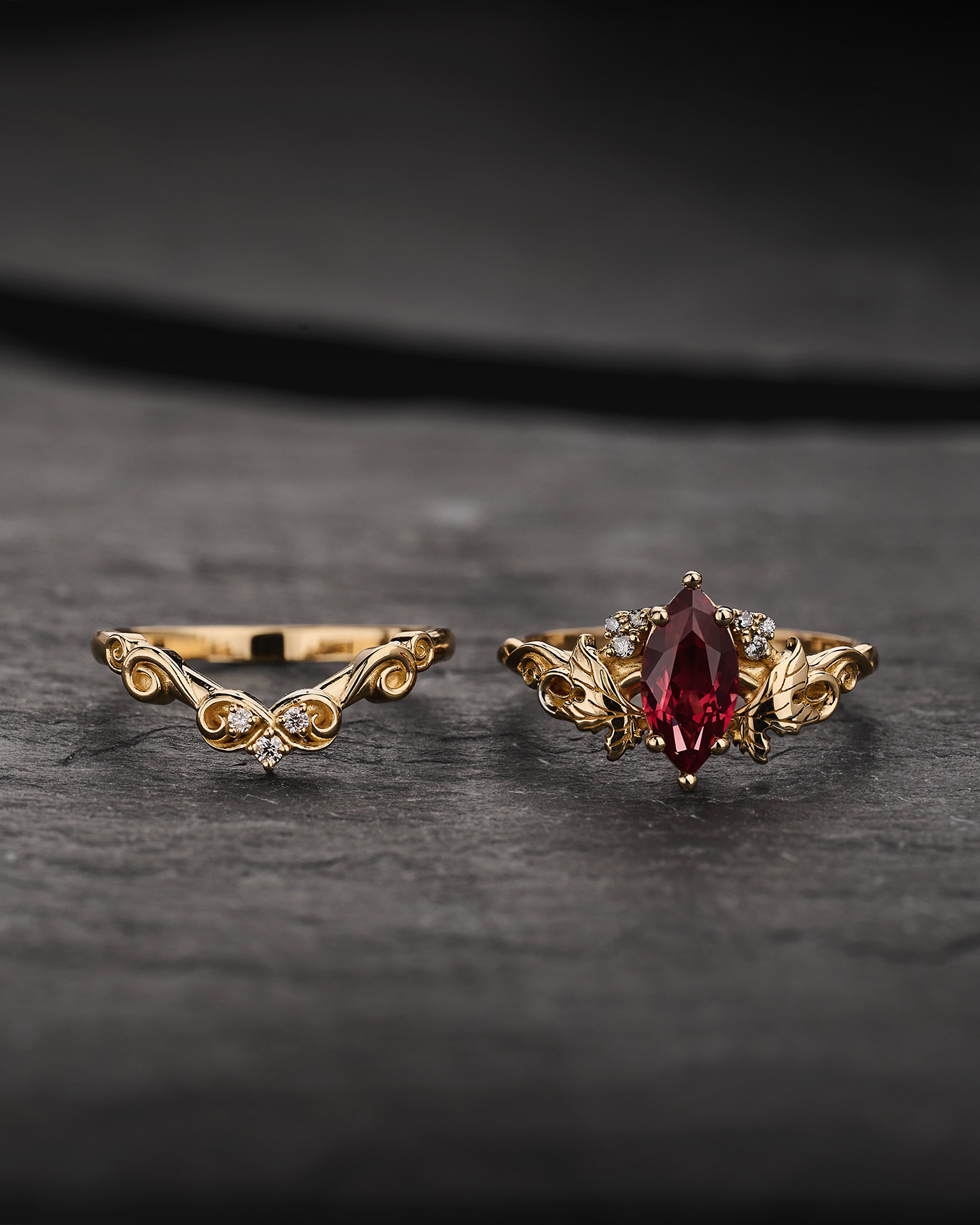 Bridal Set with Marquise Orange Padparadscha Sapphire (Lab-Grown) in Nature Style / Vineyard - Eden Garden Jewelry™