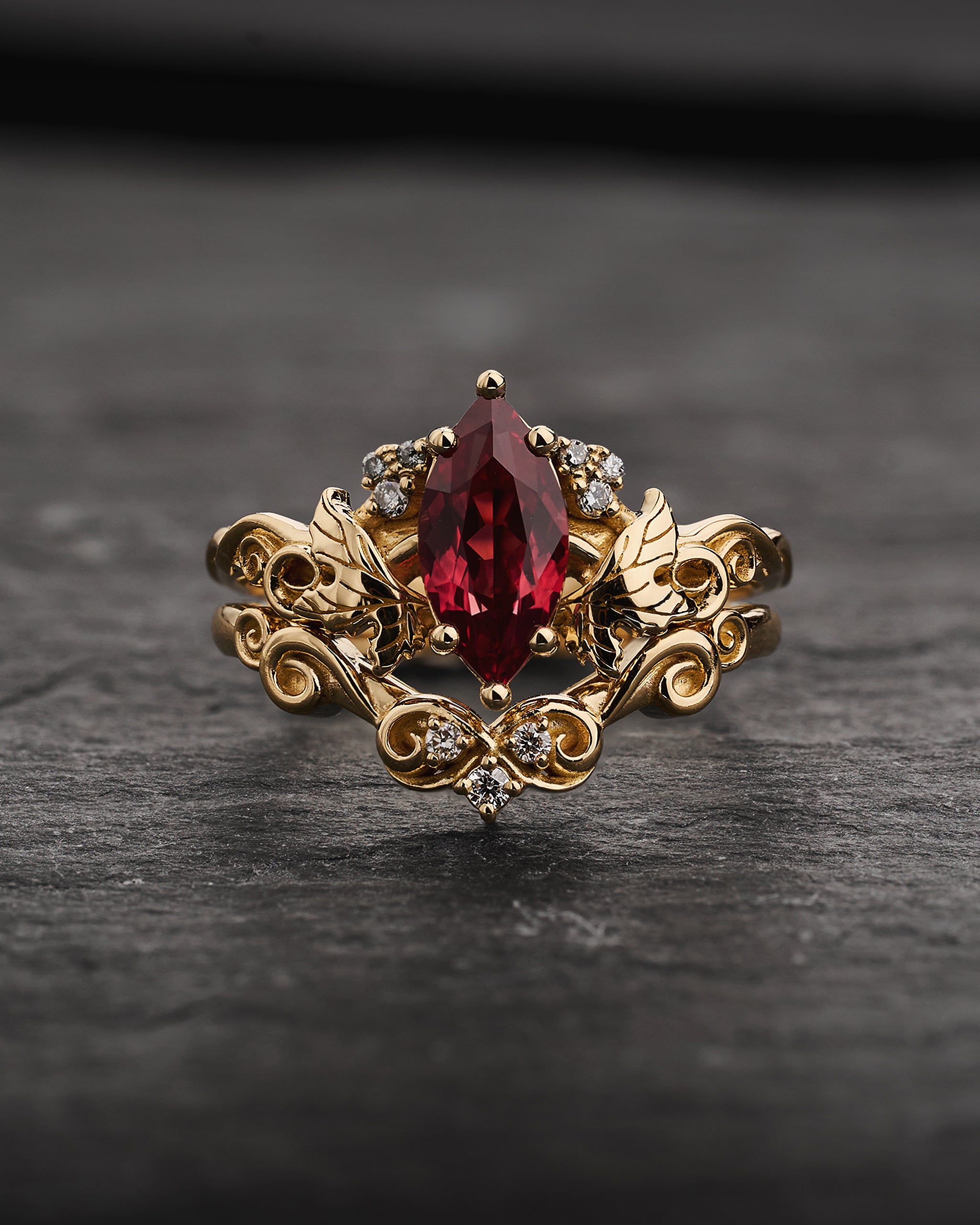 Engagement Ring with Marquise Orange Padparadscha Sapphire (Lab-Grown) in Nature Style / Vineyard - Eden Garden Jewelry™