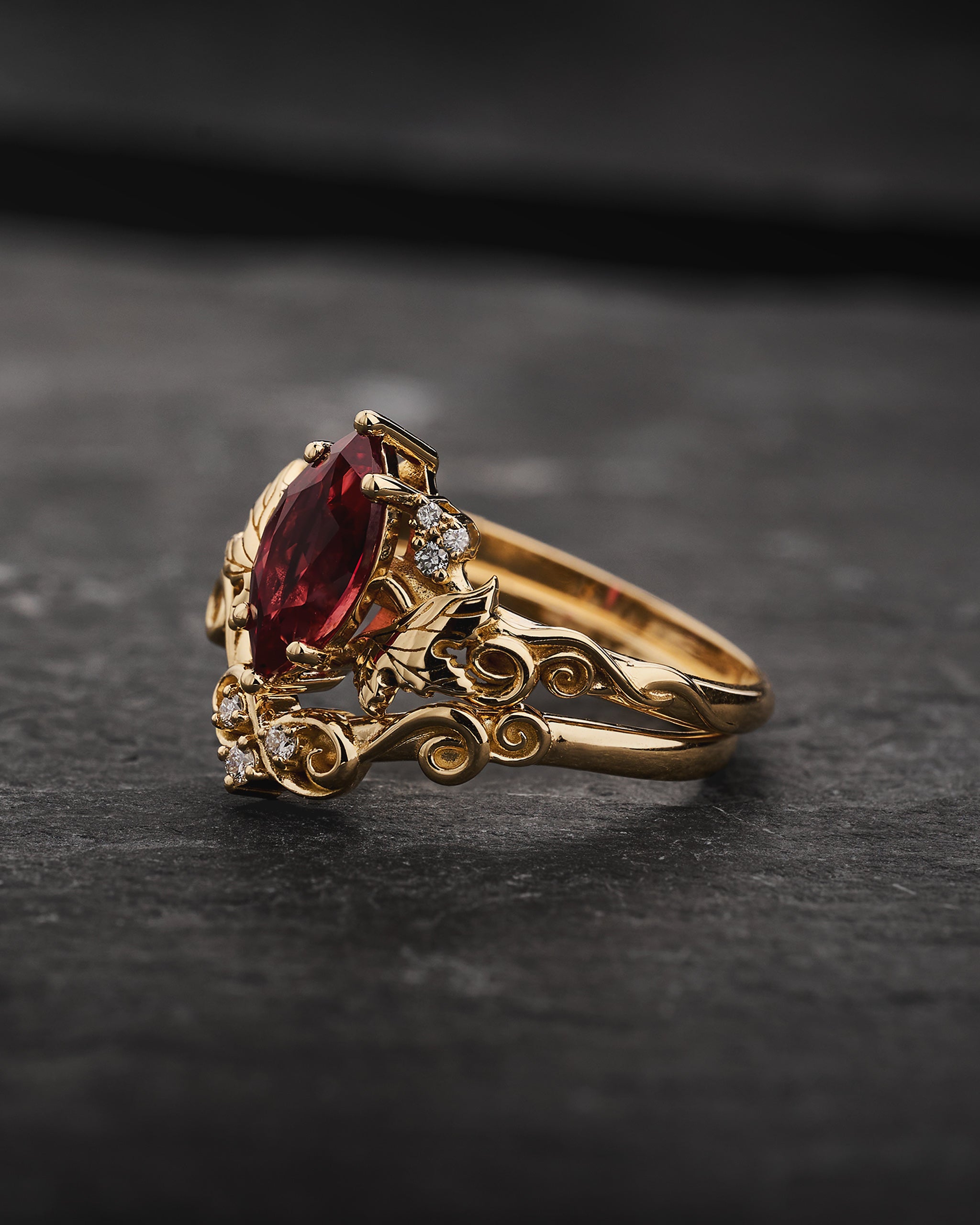 Bridal Set with Marquise Orange Padparadscha Sapphire (Lab-Grown) in Nature Style / Vineyard - Eden Garden Jewelry™