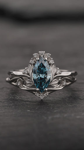 Bridal Set with Marquise Fancy Blue Diamond (Lab-Grown) in Flower Style / Iris - Eden Garden Jewelry™