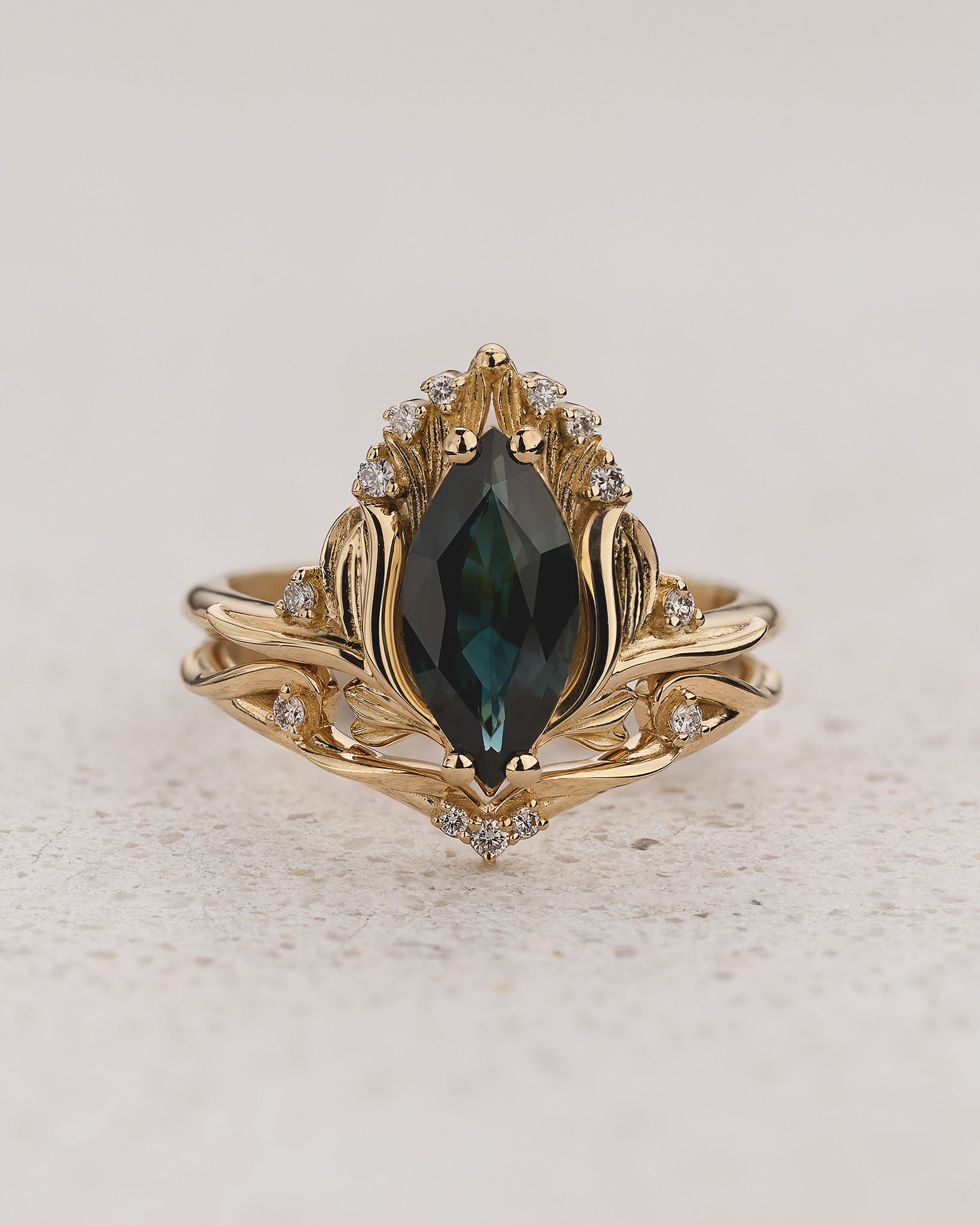Floral Engagement Ring with Marquise Teal Color-Change Sapphire / Iris - Eden Garden Jewelry™