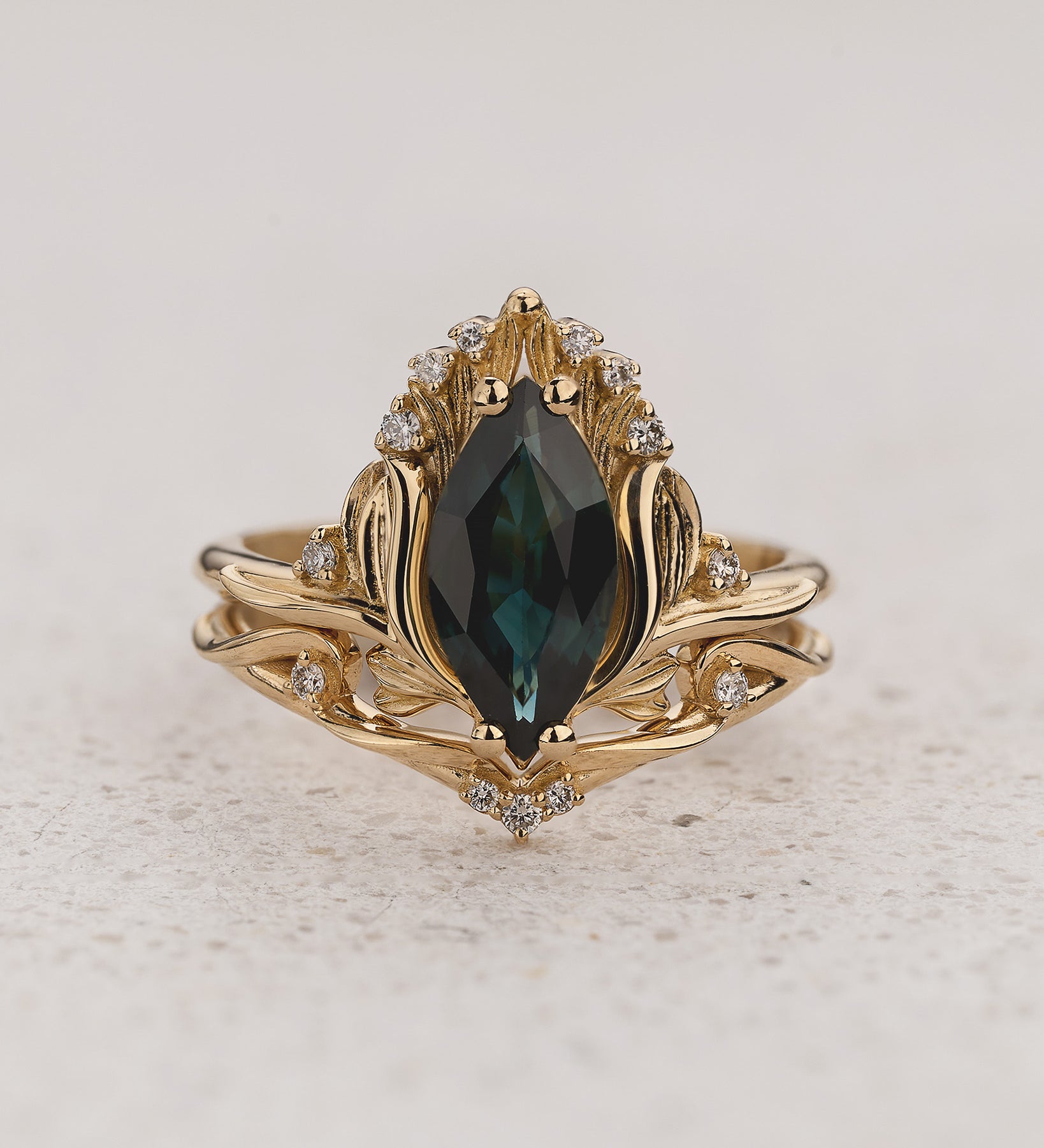 Floral Bridal Set with Marquise Teal Color-Changing Sapphire / Iris - Eden Garden Jewelry™