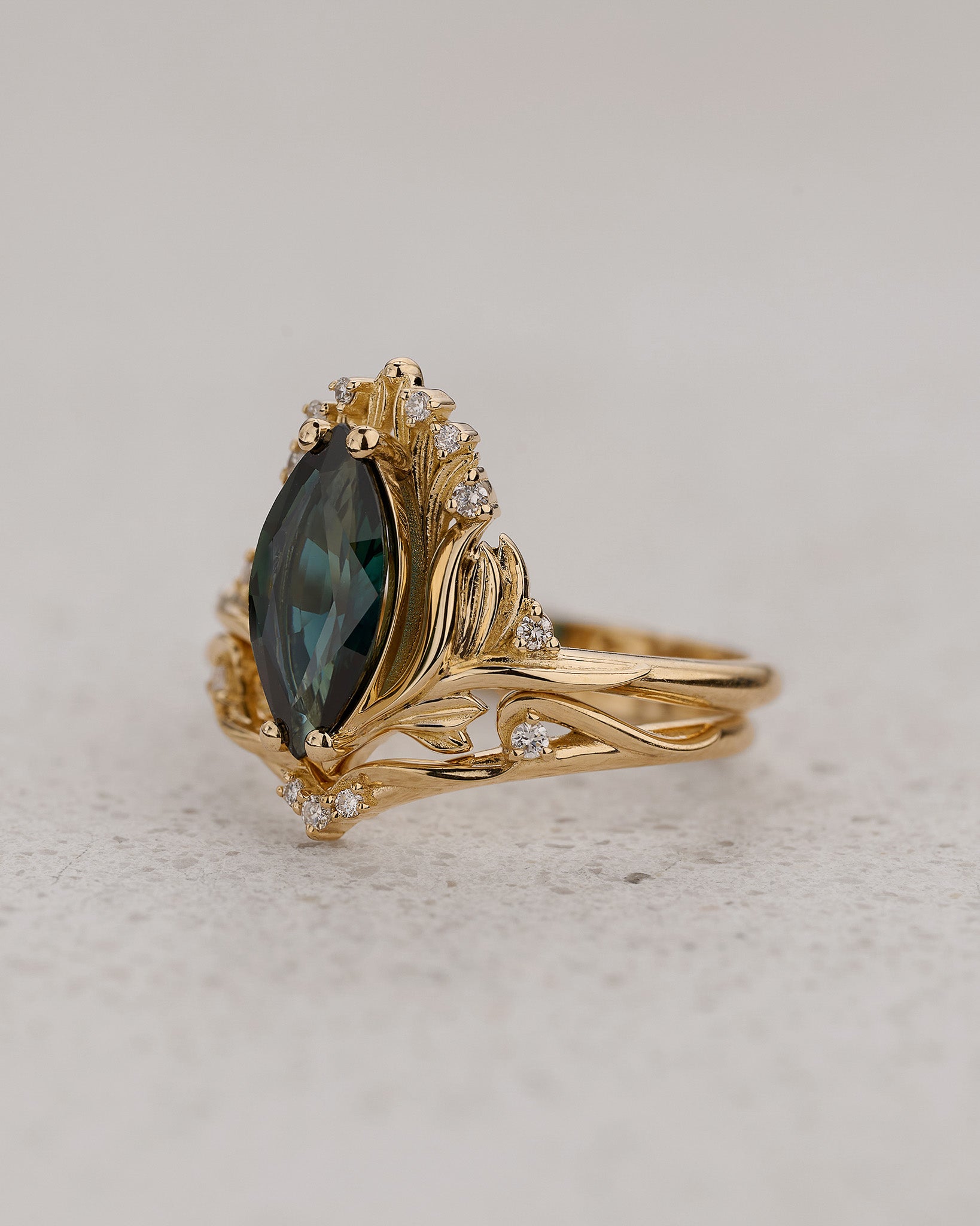 Floral Bridal Set with Marquise Teal Color-Changing Sapphire / Iris - Eden Garden Jewelry™