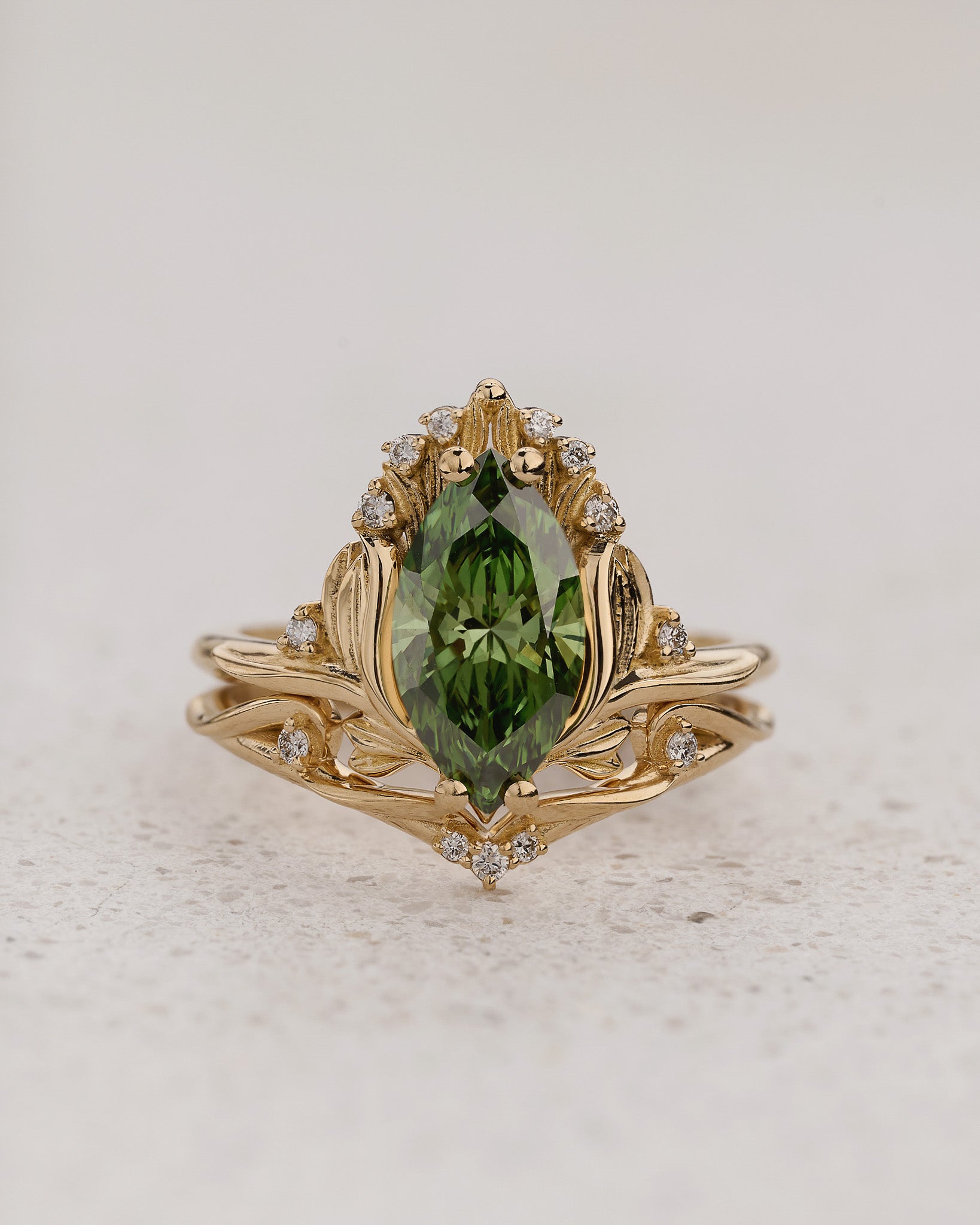 Floral Engagement Ring with Marquise Fancy Vivid Green Diamond / Iris - Eden Garden Jewelry™