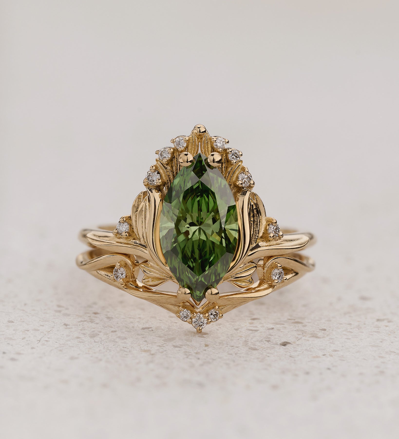 Floral Bridal Set with Marquise Green Diamond / Iris - Eden Garden Jewelry™