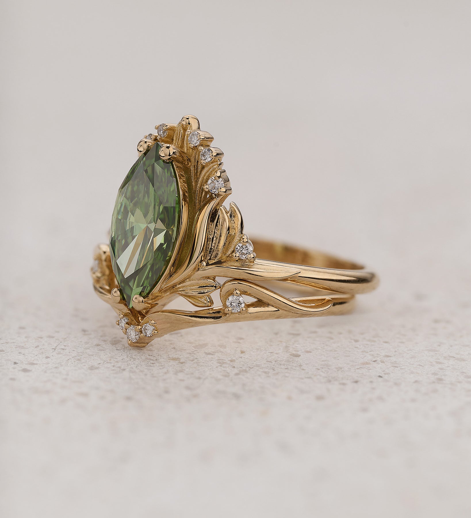 Floral Bridal Set with Marquise Green Diamond / Iris - Eden Garden Jewelry™