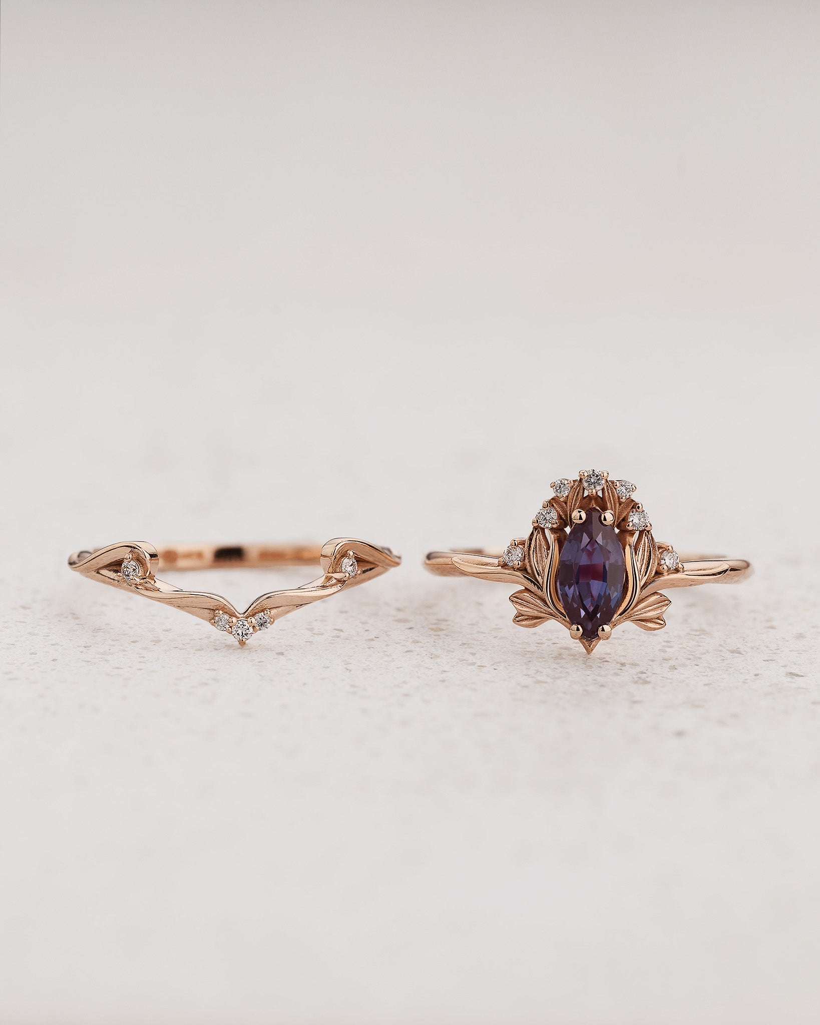 Bridal Set with Marquise Colour Changing Alexandrite and Floral Motif / Iris - Eden Garden Jewelry™