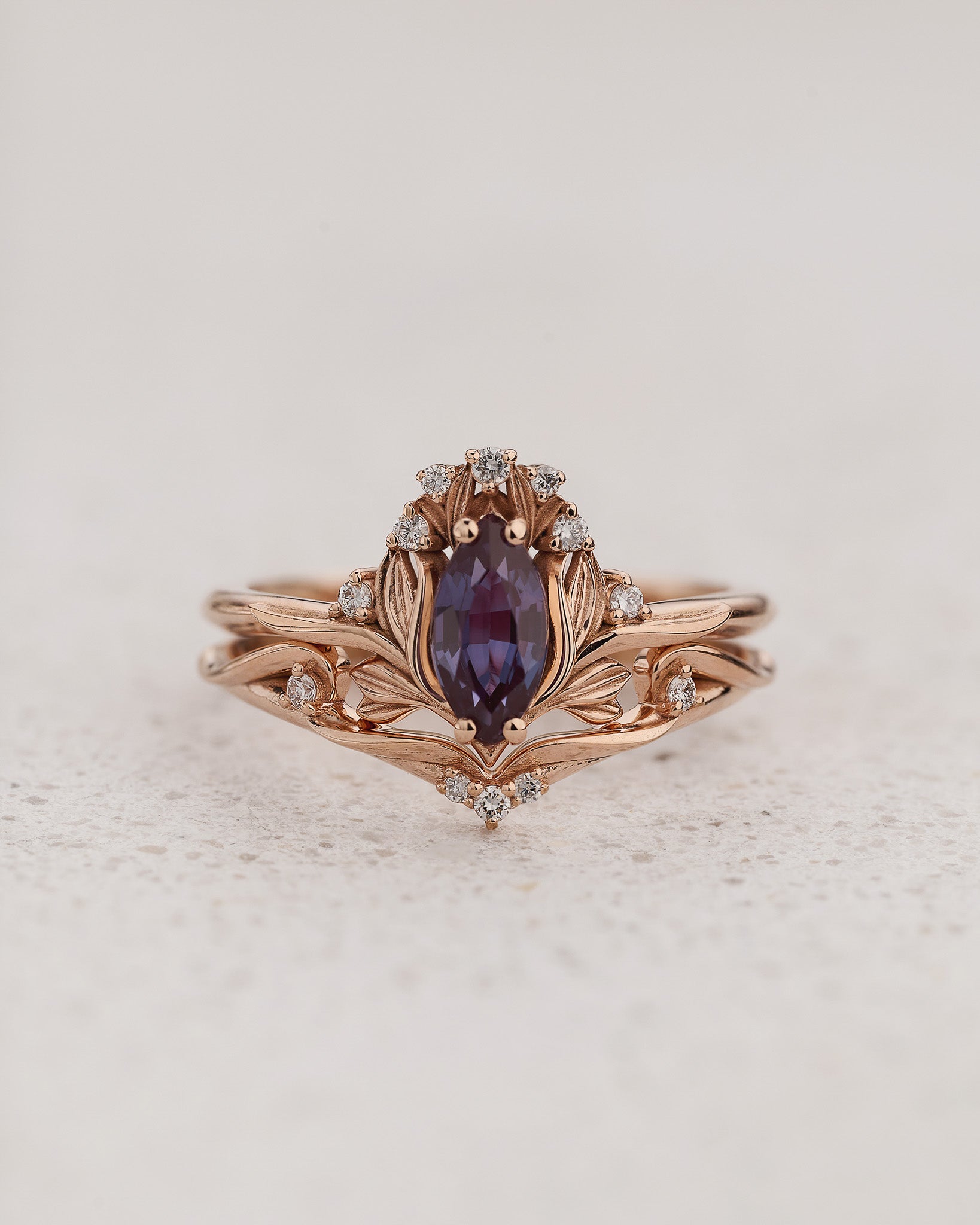 Engagement Ring with Marquise Colour Changing Alexandrite and Floral Motif / Iris - Eden Garden Jewelry™