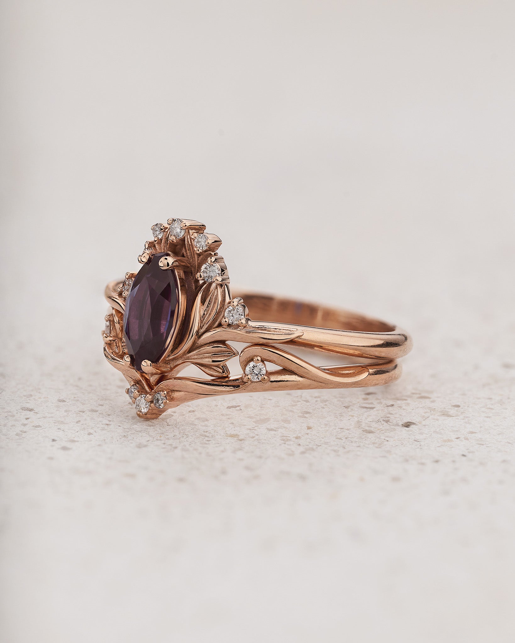 Bridal Set with Marquise Colour Changing Alexandrite and Floral Motif / Iris - Eden Garden Jewelry™