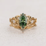 Bridal Set with Marquise Fancy Vivid Green Diamond (Lab-Grown) in Nature Style / Ikar - Eden Garden Jewelry™