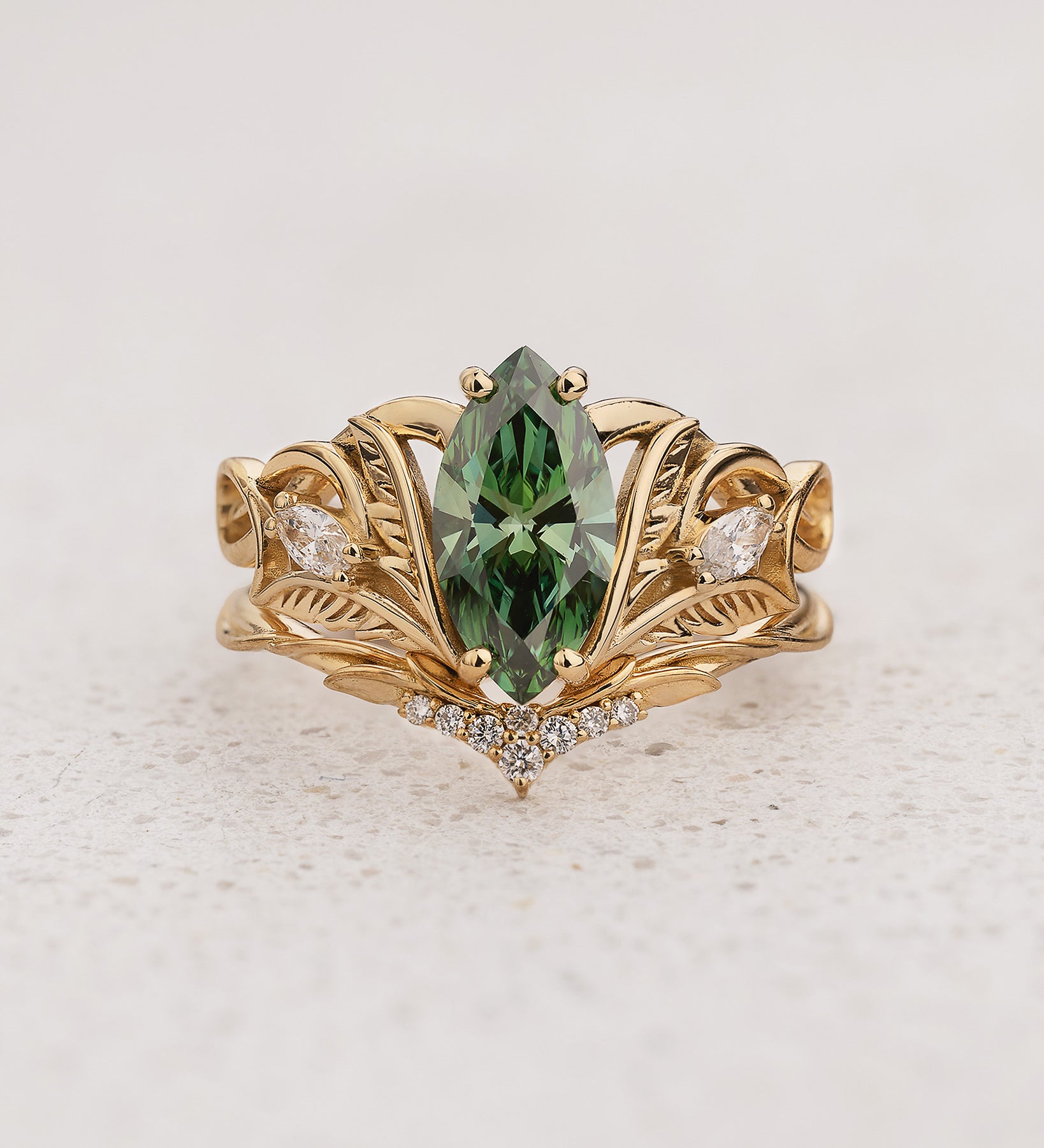 Bridal Set with Marquise Fancy Vivid Green Diamond (Lab-Grown) in Nature Style / Ikar - Eden Garden Jewelry™