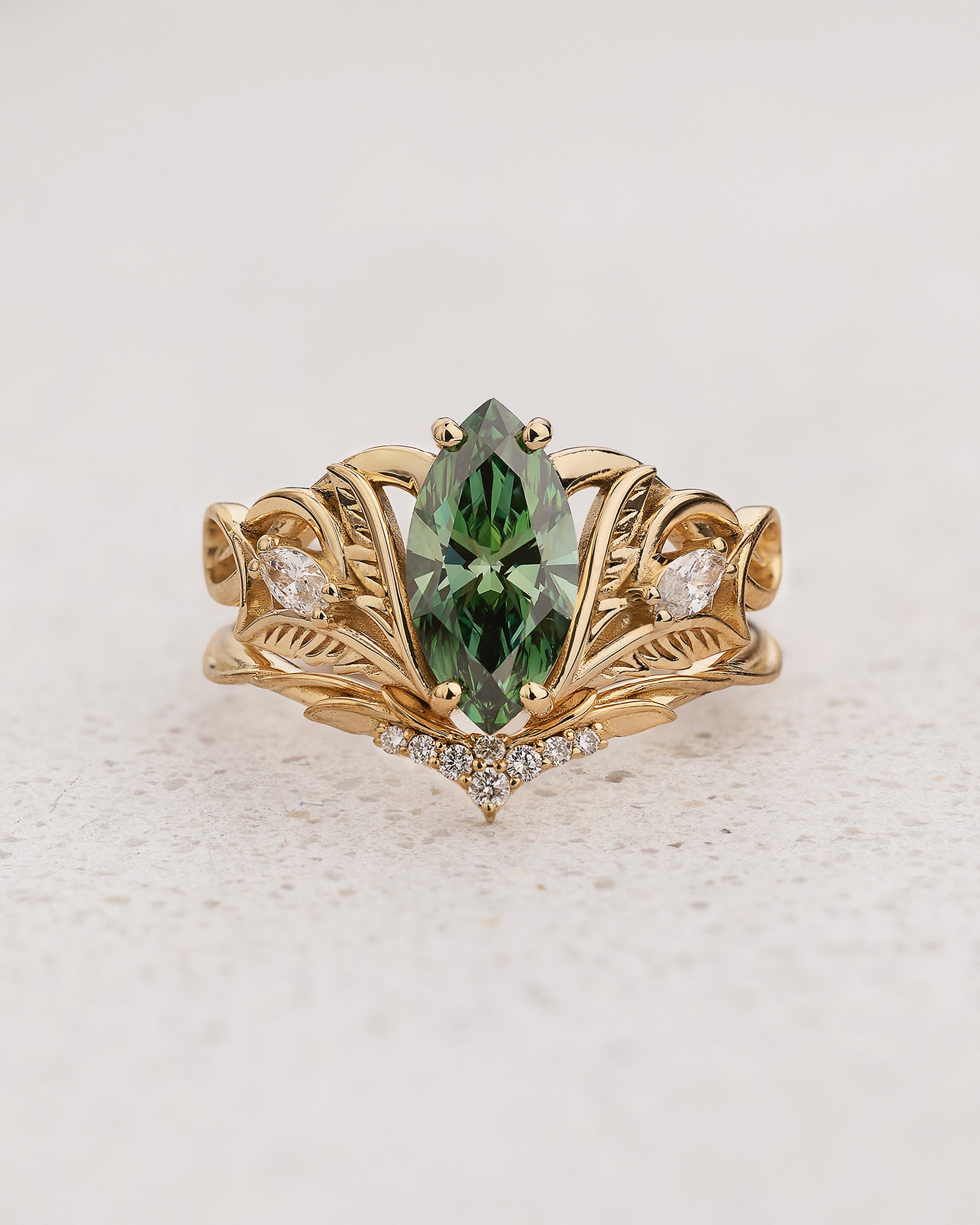 Bridal Set with Marquise Fancy Vivid Green Diamond (Lab-Grown) in Nature Style / Ikar - Eden Garden Jewelry™