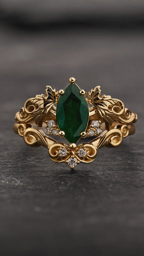 Natural Emerald Bridal Set with Matching Wedding Band / Vineyard - Eden Garden Jewelry™