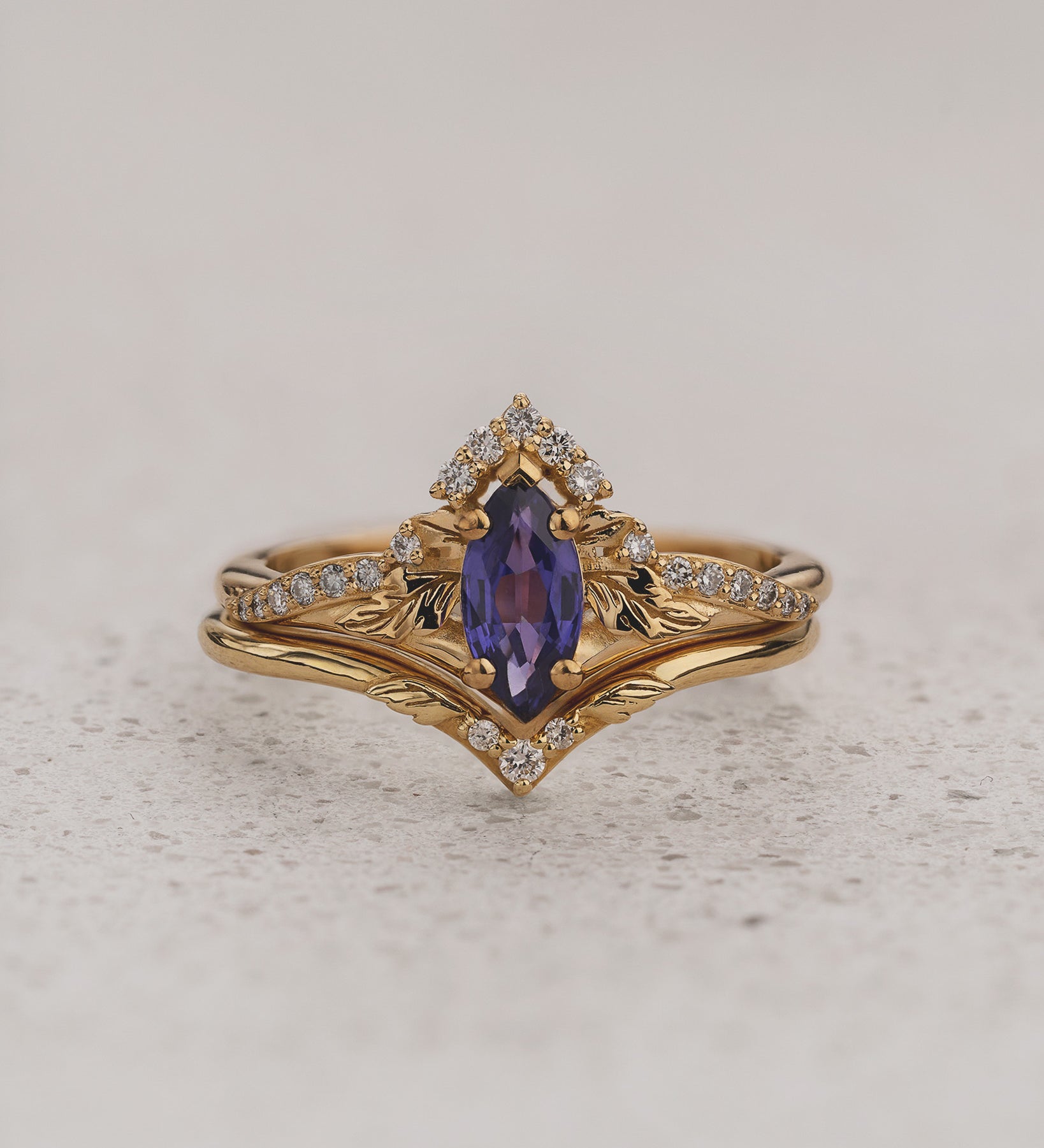 Nature-inspired Bridal Set with Marquise Purple Sapphire / Amelia - Eden Garden Jewelry™