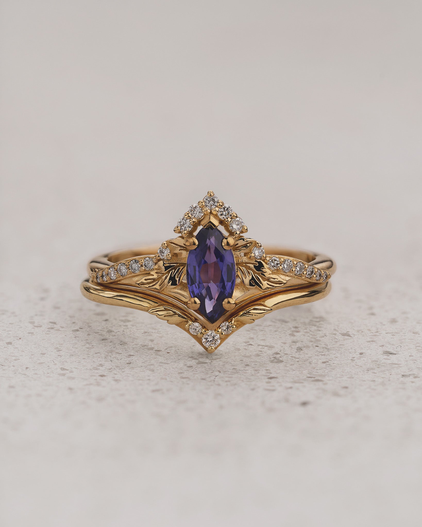Nature-inspired Bridal Set with Marquise Purple Sapphire / Amelia - Eden Garden Jewelry™