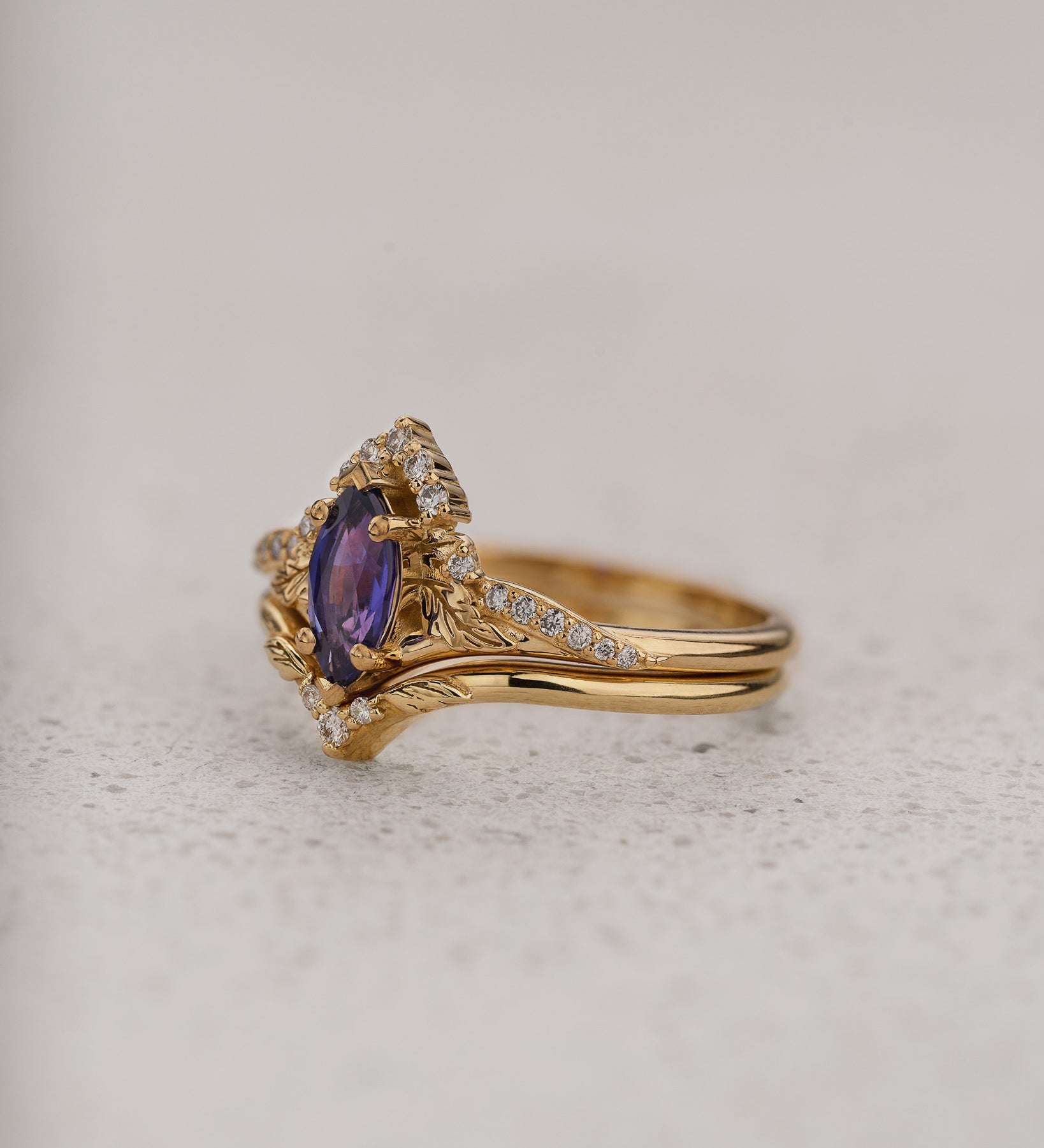 Nature-inspired Bridal Set with Marquise Purple Sapphire / Amelia - Eden Garden Jewelry™