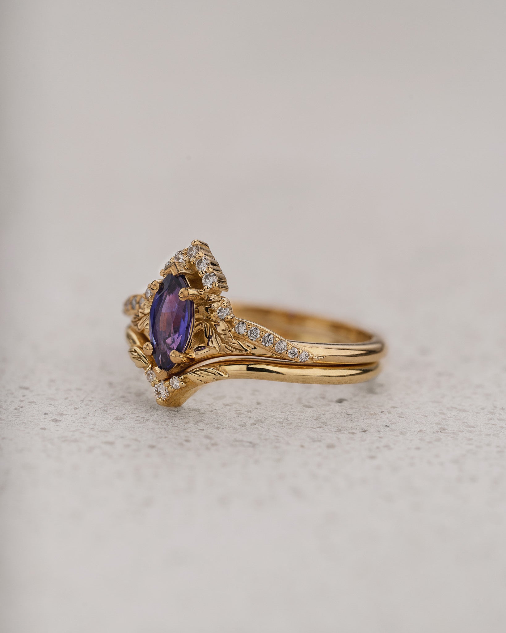 Nature-inspired Bridal Set with Marquise Purple Sapphire / Amelia - Eden Garden Jewelry™