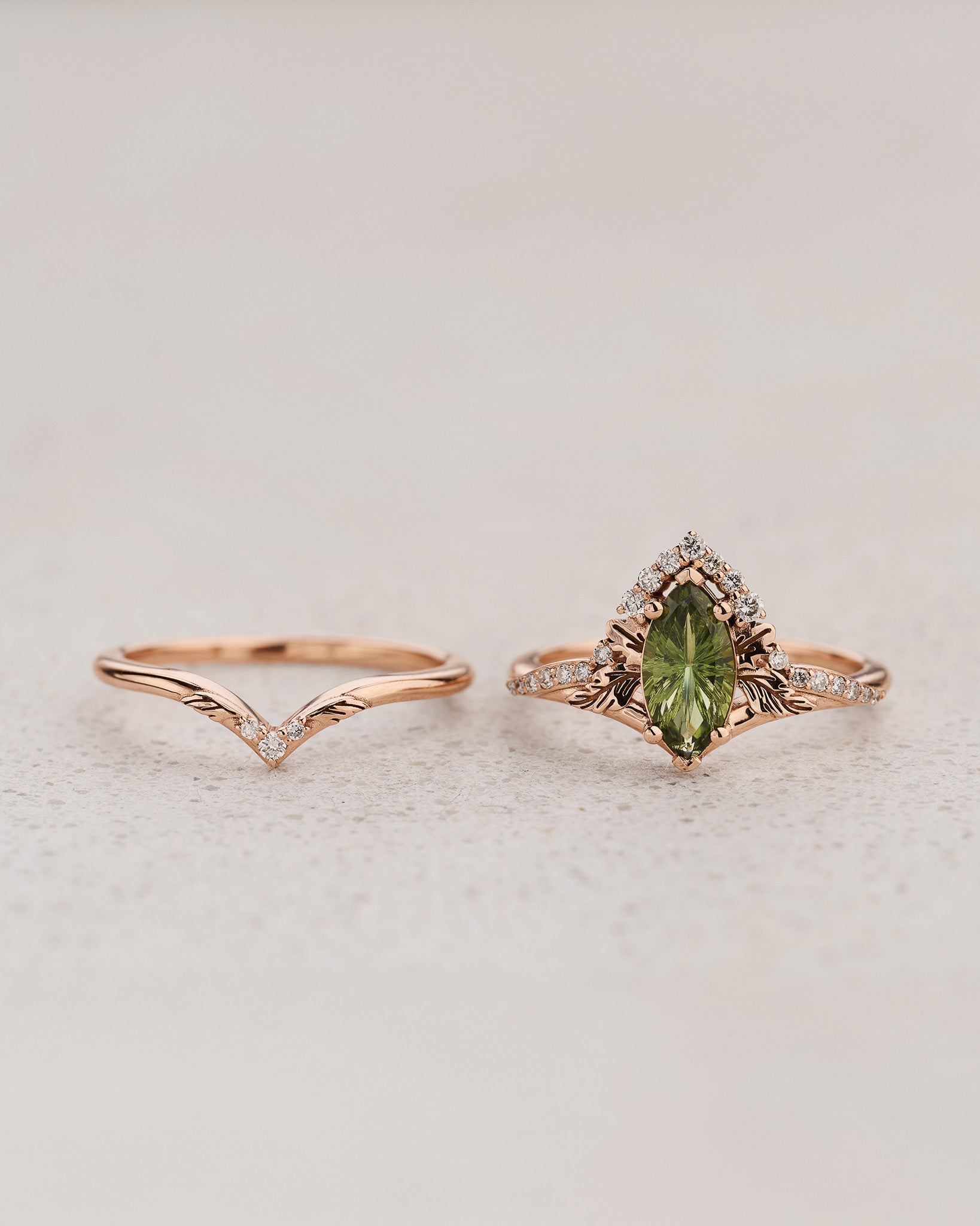 Elegant Bridal Set with Marquise Fantasy-Cut Green Sapphire / Amelia - Eden Garden Jewelry™