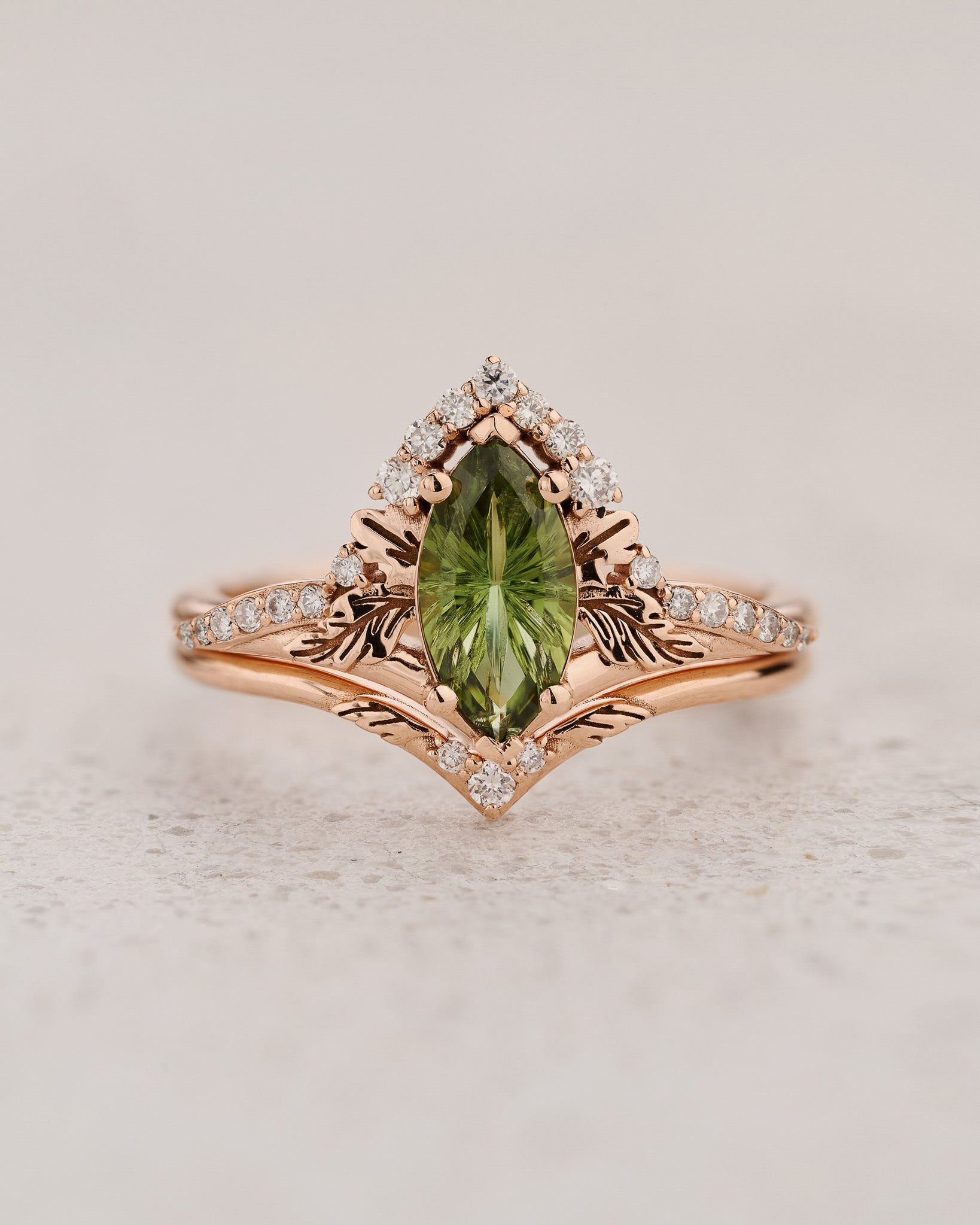 Elegant Engagement Ring with Marquise Fantasy-Cut Green Sapphire / Amelia - Eden Garden Jewelry™