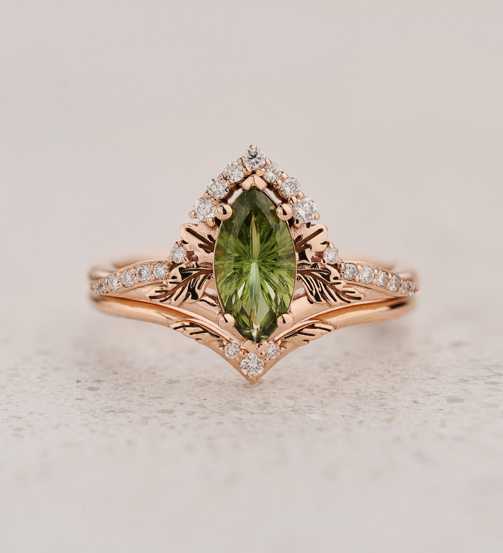 Elegant Bridal Set with Marquise Fantasy-Cut Green Sapphire / Amelia - Eden Garden Jewelry™