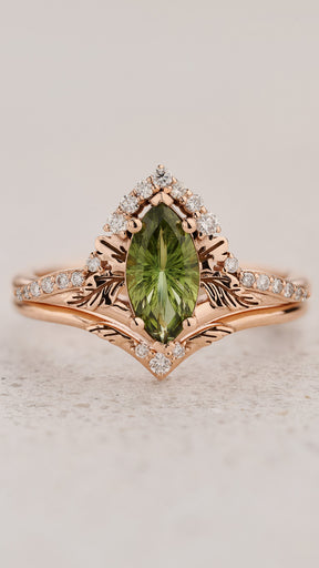 Elegant Bridal Set with Marquise Fantasy-Cut Green Sapphire / Amelia - Eden Garden Jewelry™