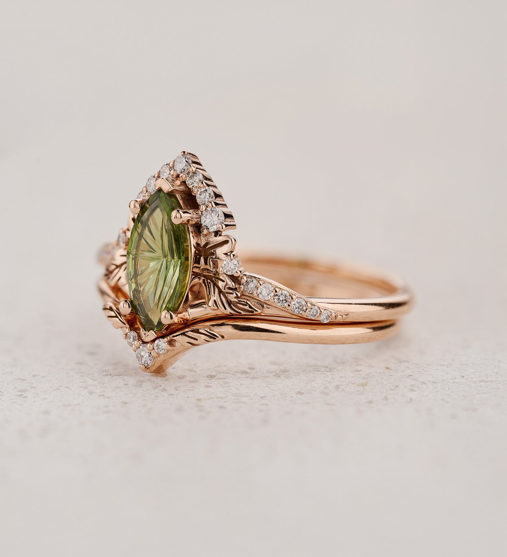 Elegant Bridal Set with Marquise Fantasy-Cut Green Sapphire / Amelia - Eden Garden Jewelry™