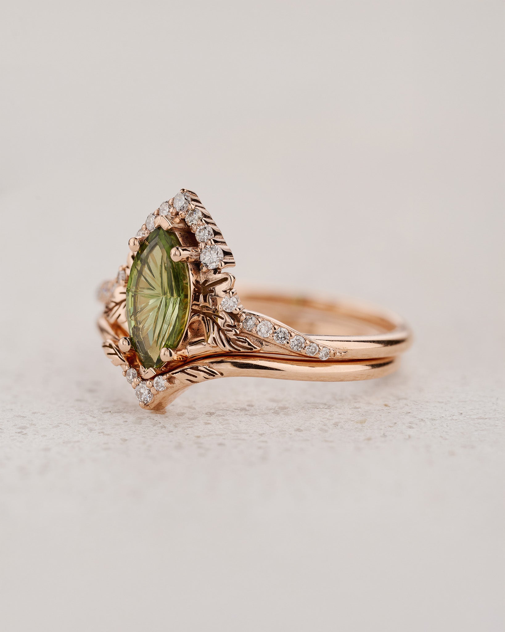 Elegant Bridal Set with Marquise Fantasy-Cut Green Sapphire / Amelia - Eden Garden Jewelry™