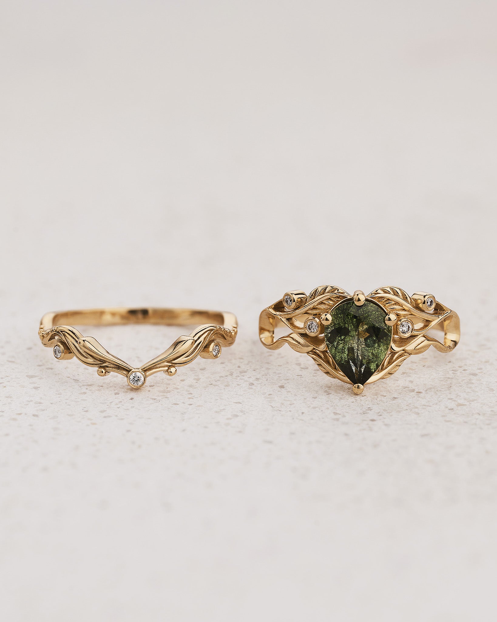 Unique rutile peridot bridal ring set, alternative promise ring with diamonds / Callisto - Eden Garden Jewelry™