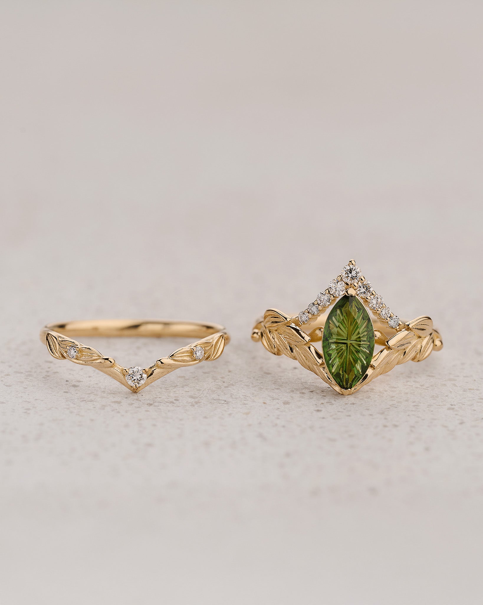 Leaf Bridal Set with Marquise Green Tourmaline / Palmira - Eden Garden Jewelry™