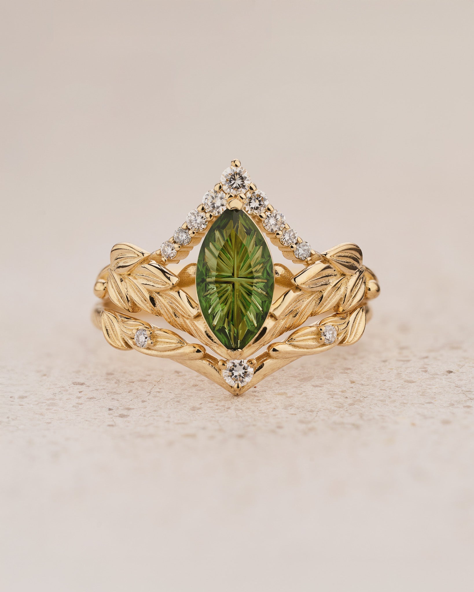 Leaf Engagement Ring with Marquise Green Tourmaline / Palmira - Eden Garden Jewelry™