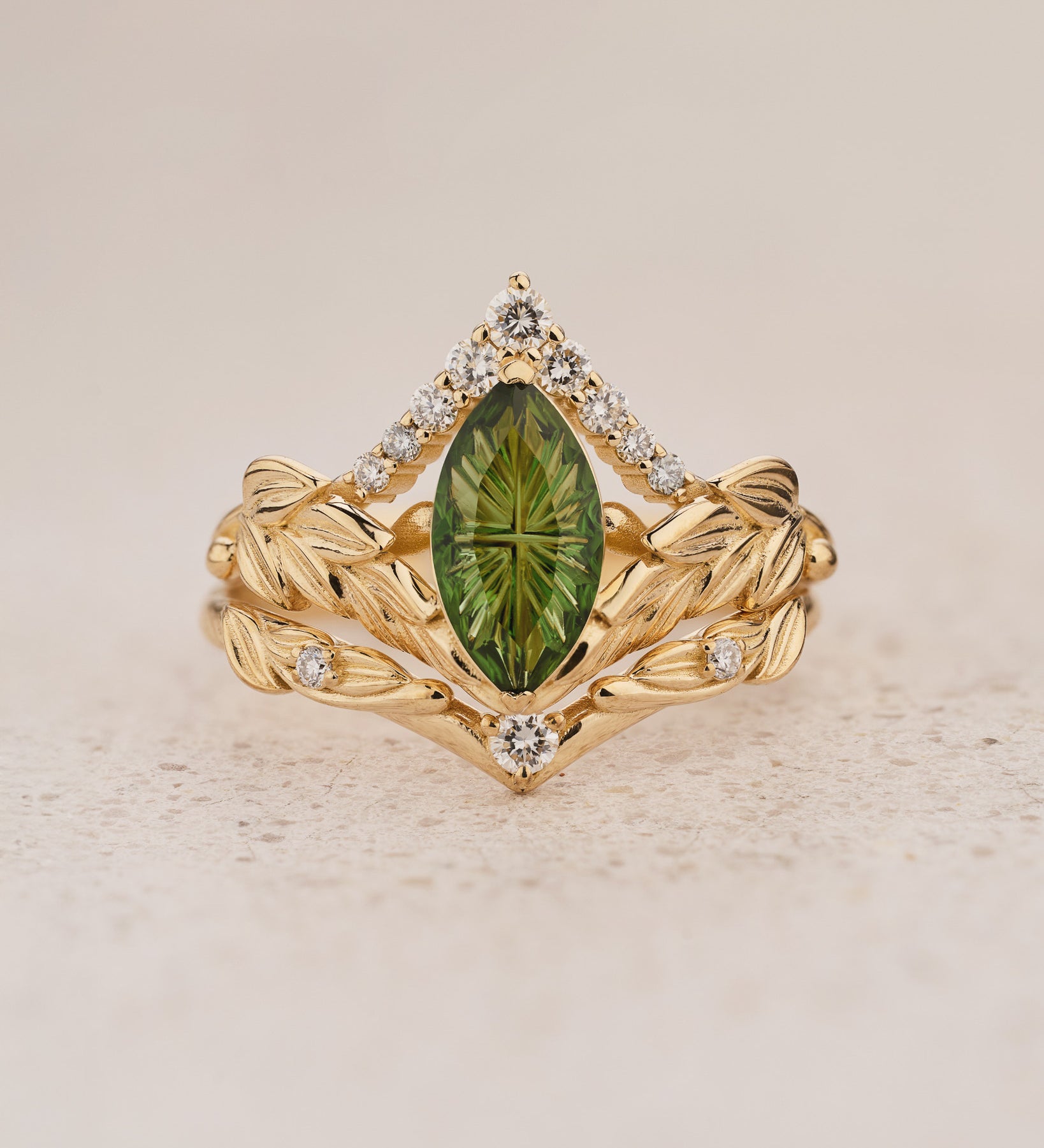 Leaf Bridal Set with Marquise Green Tourmaline / Palmira - Eden Garden Jewelry™