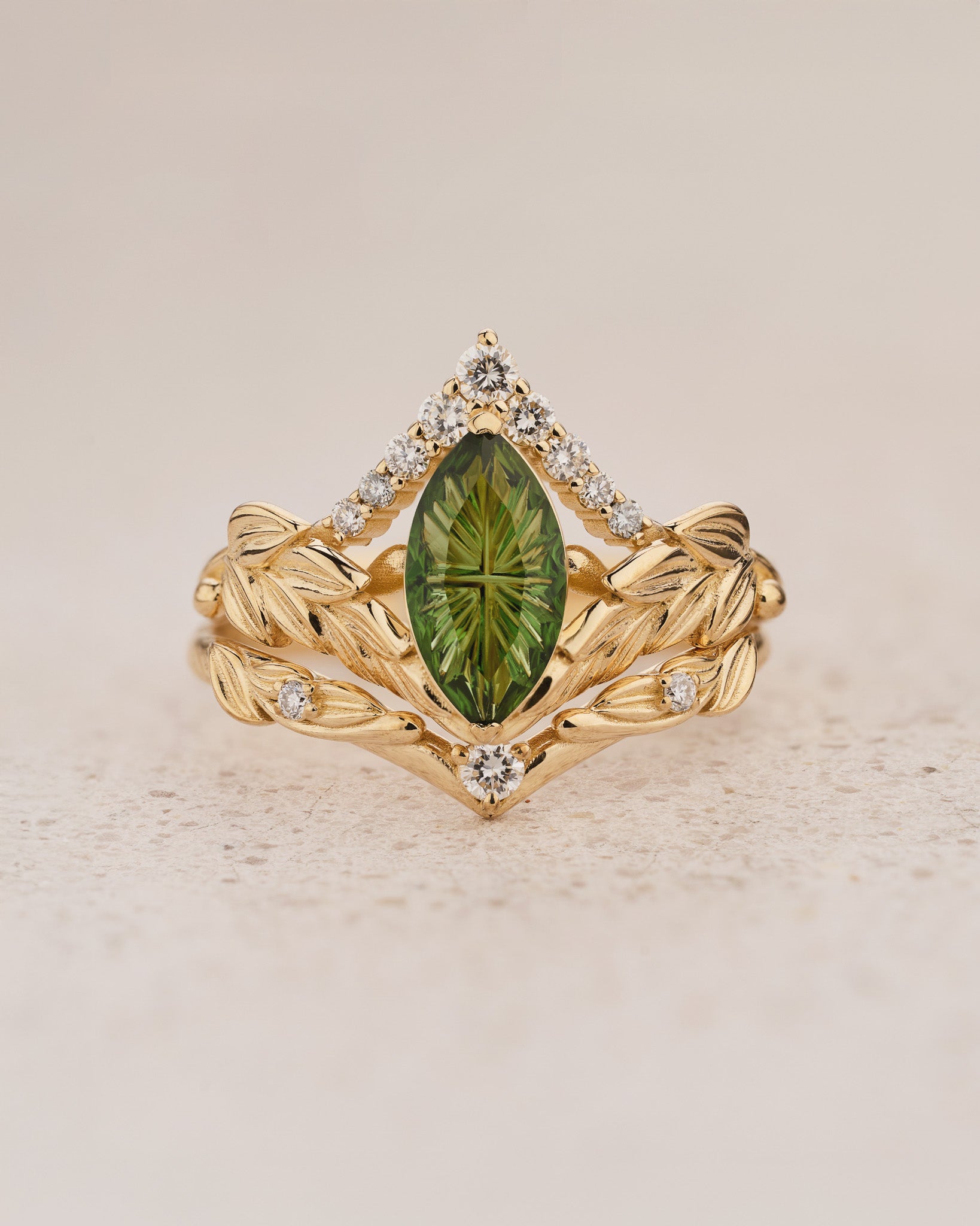 Leaf Bridal Set with Marquise Green Tourmaline / Palmira - Eden Garden Jewelry™