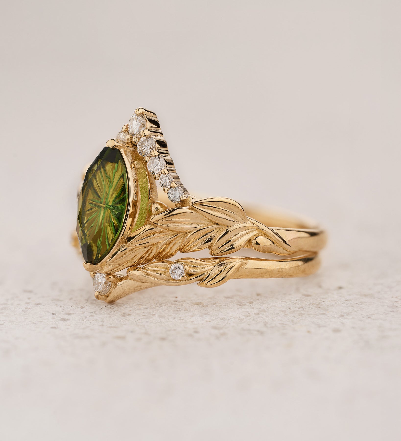 Leaf Bridal Set with Marquise Green Tourmaline / Palmira - Eden Garden Jewelry™