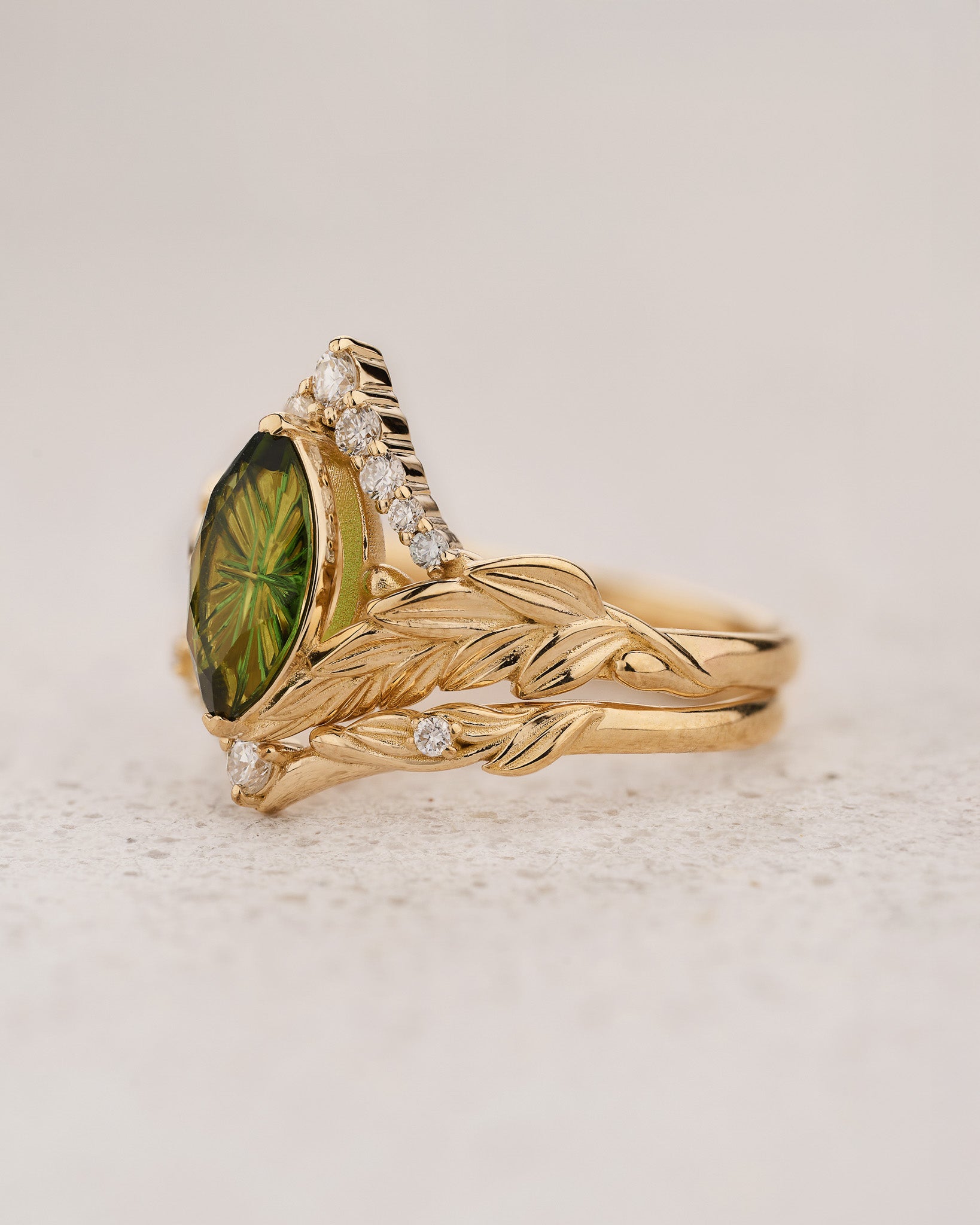 Leaf Bridal Set with Marquise Green Tourmaline / Palmira - Eden Garden Jewelry™