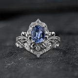 Bridal Set with Oval Blue (Natural) Sapphire and Diamond Crown / Sophie - Eden Garden Jewelry™
