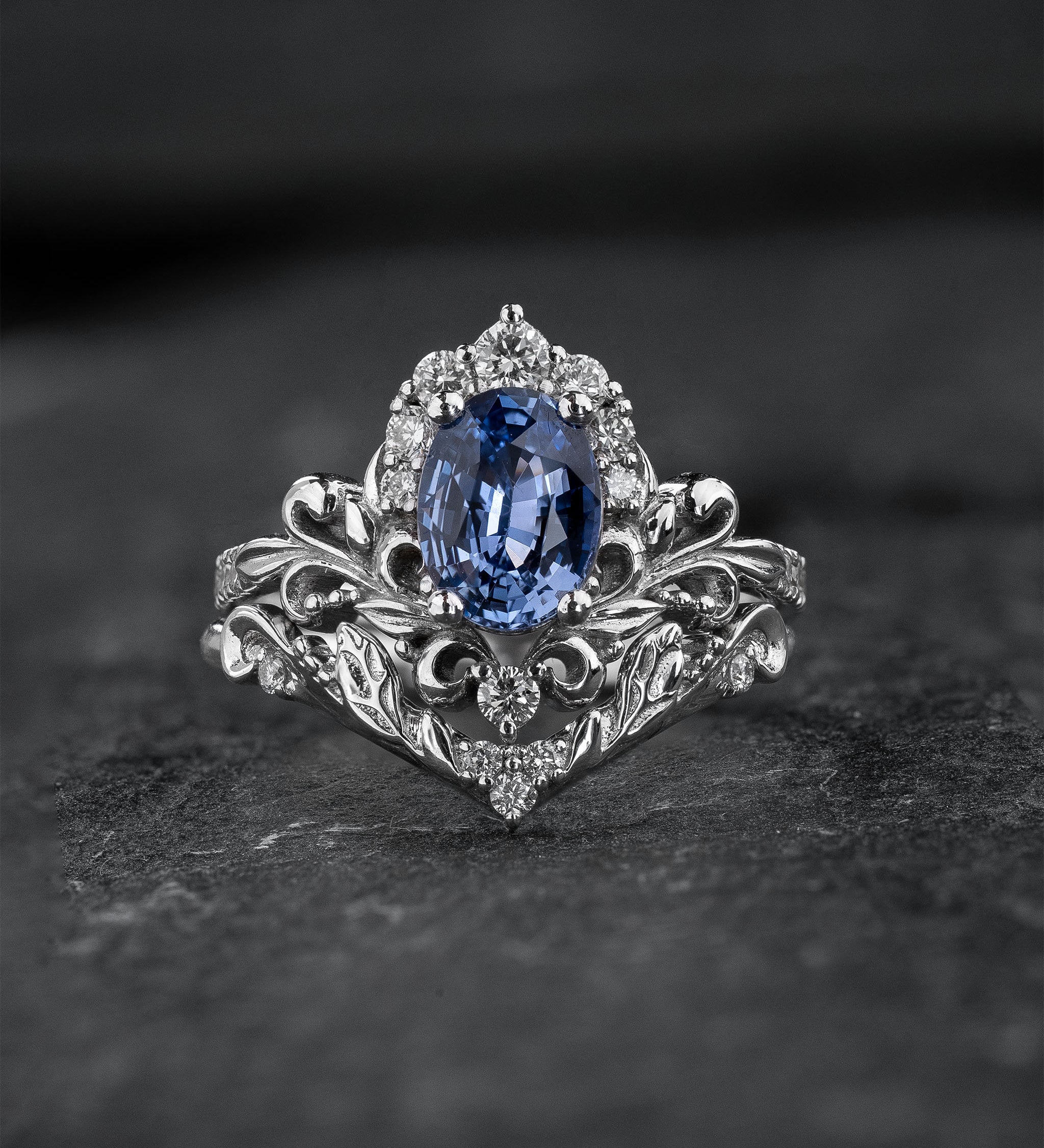 Bridal Set with Oval Blue (Natural) Sapphire and Diamond Crown / Sophie - Eden Garden Jewelry™