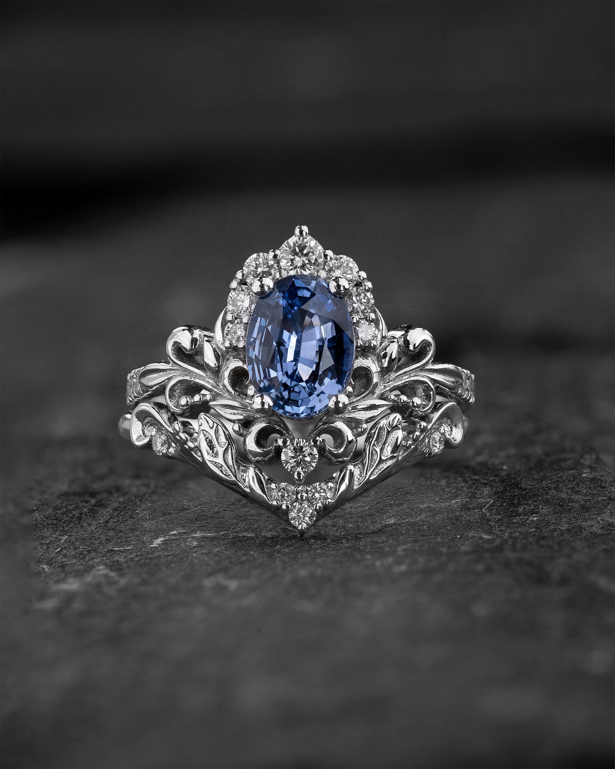 Bridal Set with Oval Blue (Natural) Sapphire and Diamond Crown / Sophie - Eden Garden Jewelry™