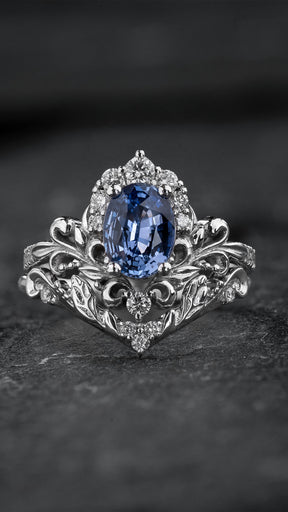 Bridal Set with Oval Blue (Natural) Sapphire and Diamond Crown / Sophie - Eden Garden Jewelry™