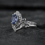 Bridal Set with Oval Blue (Natural) Sapphire and Diamond Crown / Sophie - Eden Garden Jewelry™