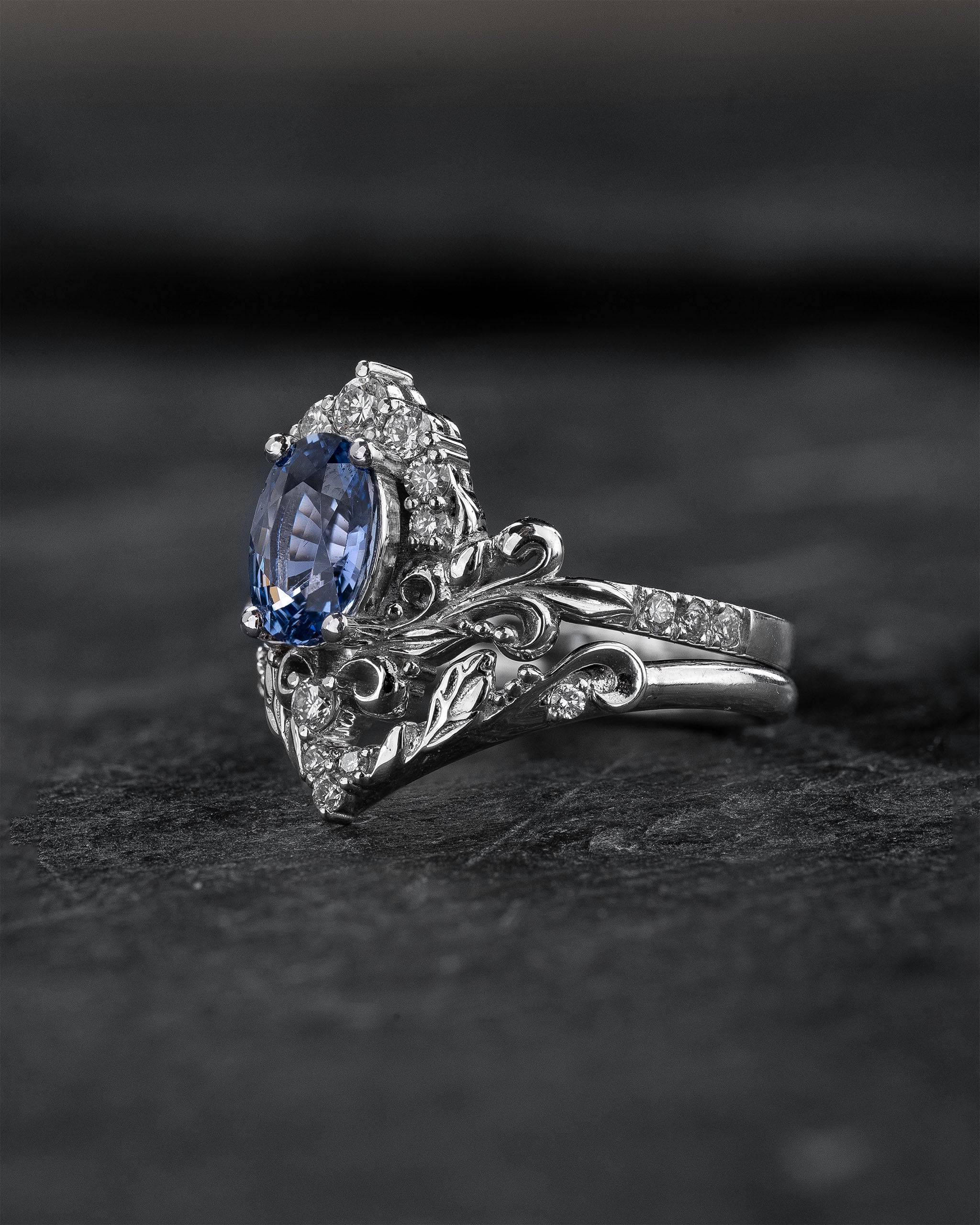 Bridal Set with Oval Blue (Natural) Sapphire and Diamond Crown / Sophie - Eden Garden Jewelry™