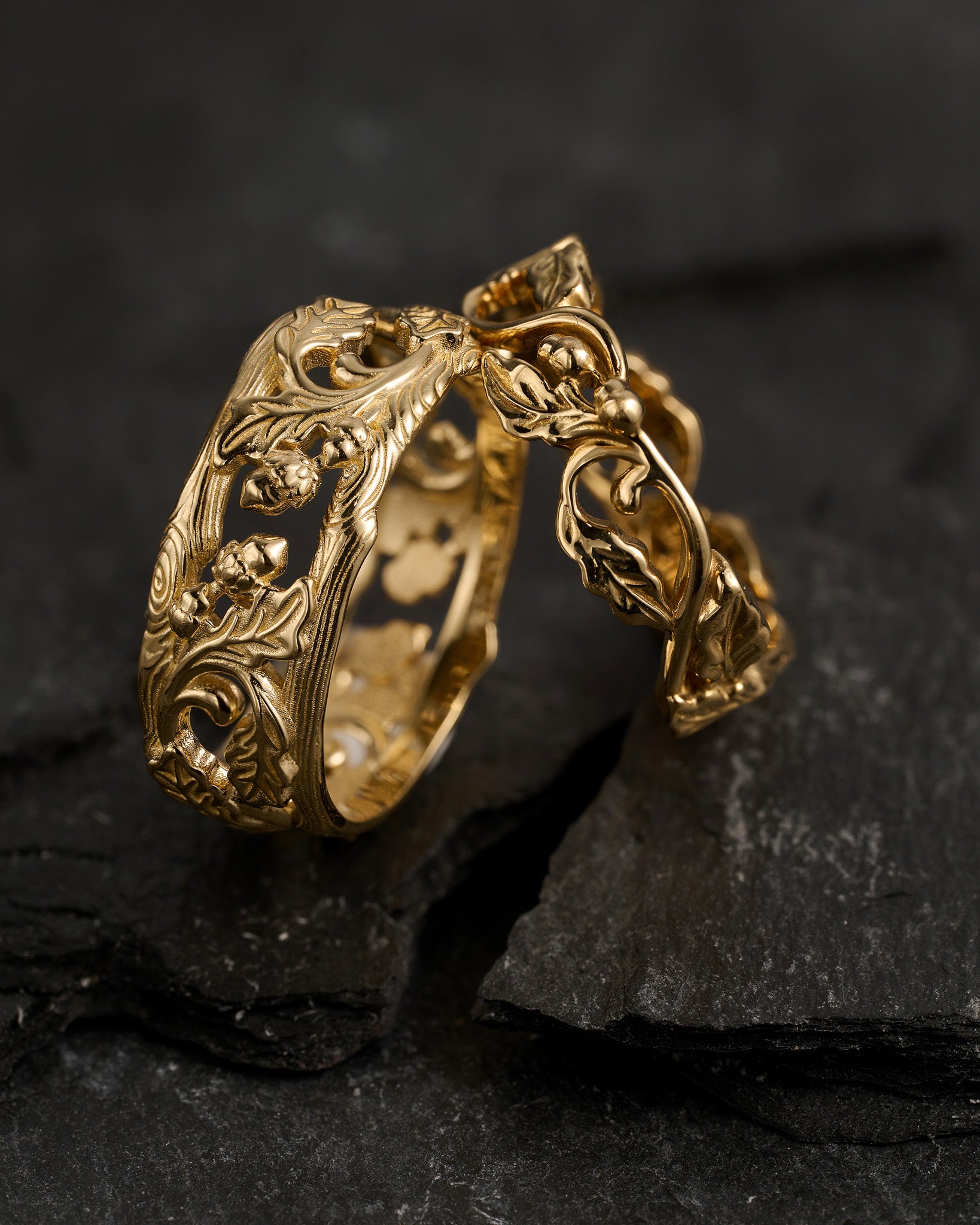 Oak leaves and acorns rings set, wedding bands for couple / ver2 - Eden Garden Jewelry™